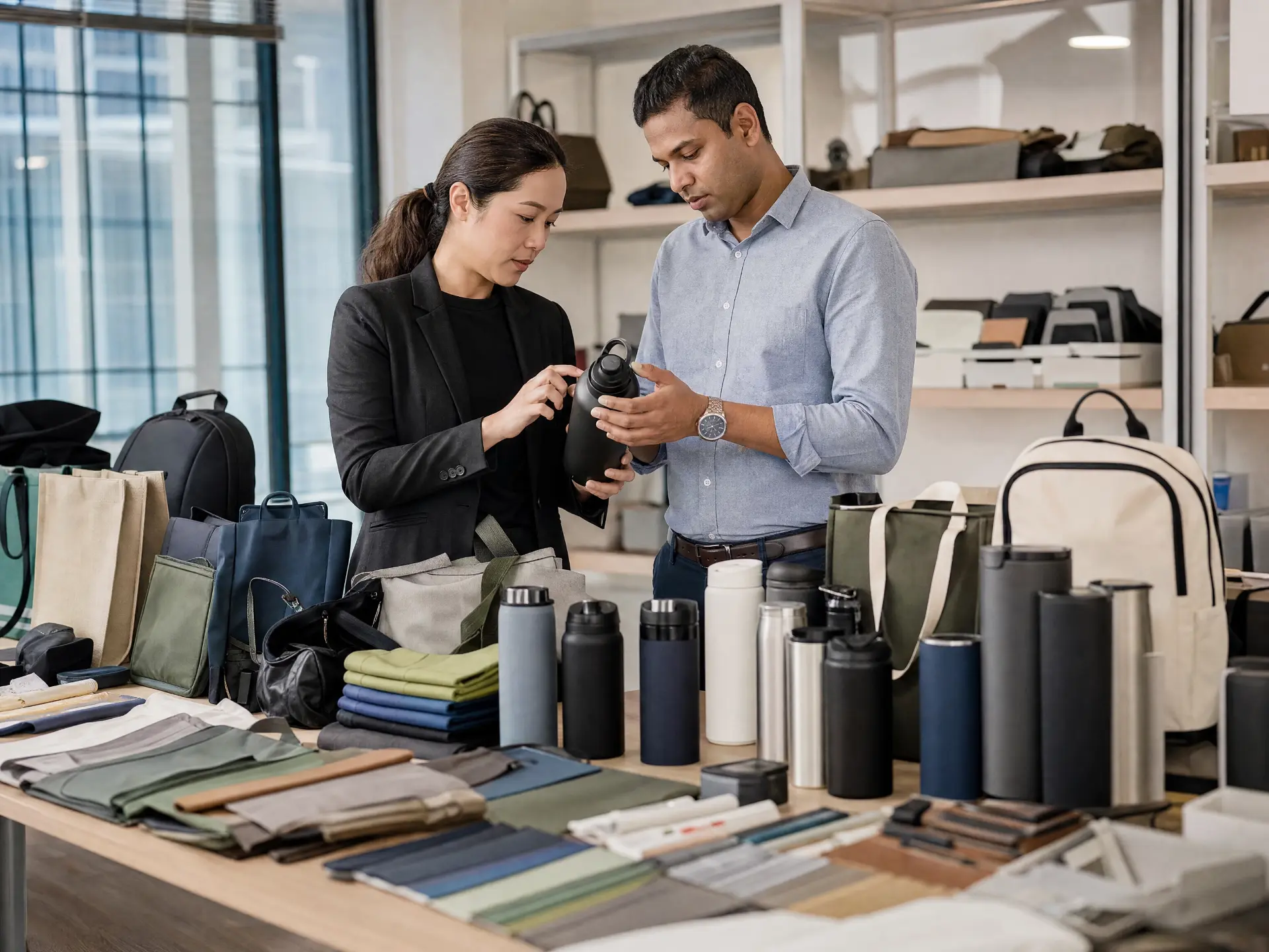 Procurement specialists reviewing reusable drinkware, bags and institutional merchandise.