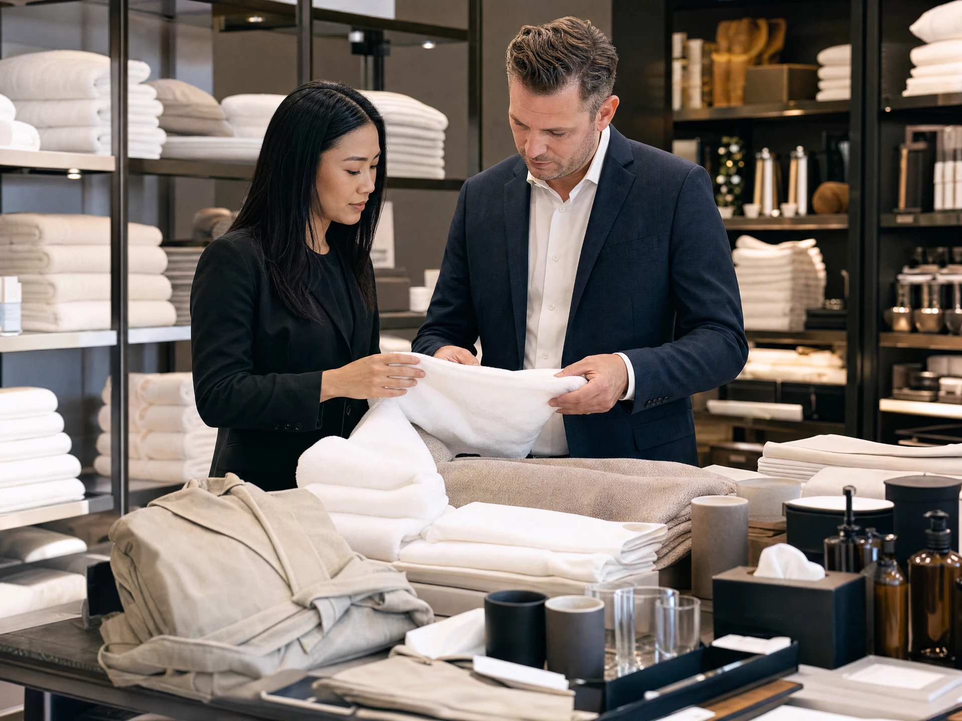 Procurement professionals reviewing linens and hospitality supplies.
