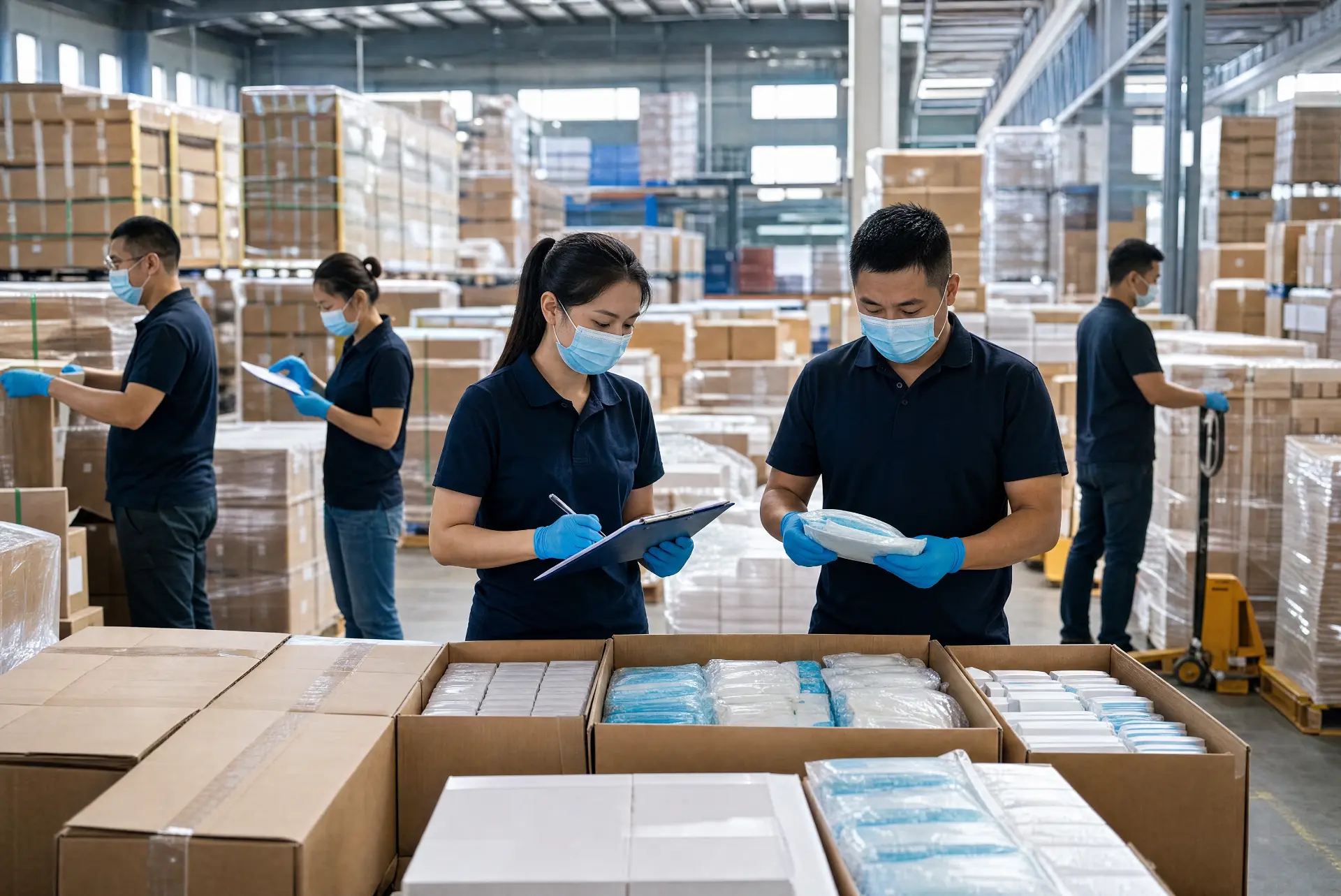 Illustrative medical-supply quality-control and logistics activity in an international warehouse.