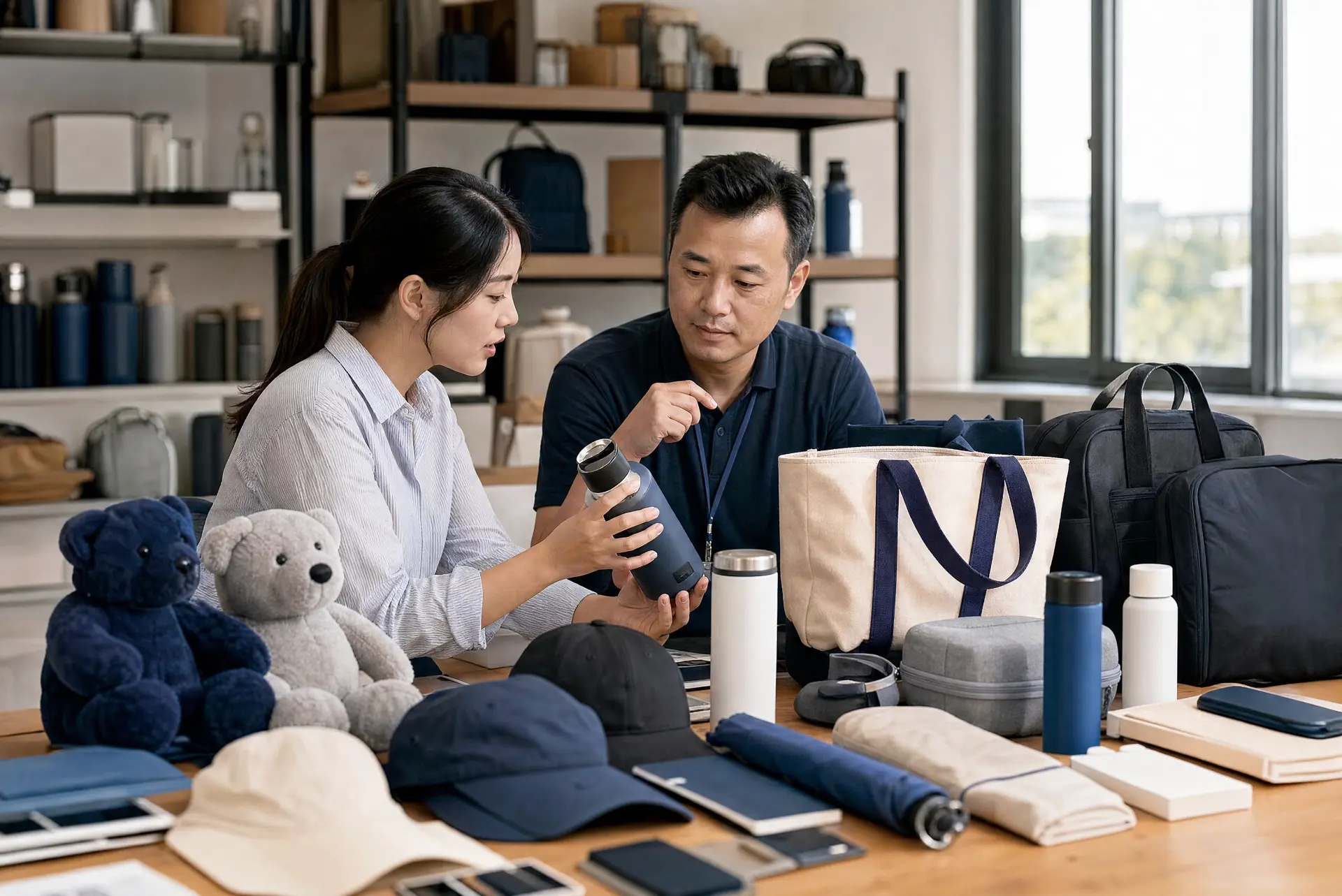 Illustrative custom merchandise quality review including drinkware, bags and promotional products.